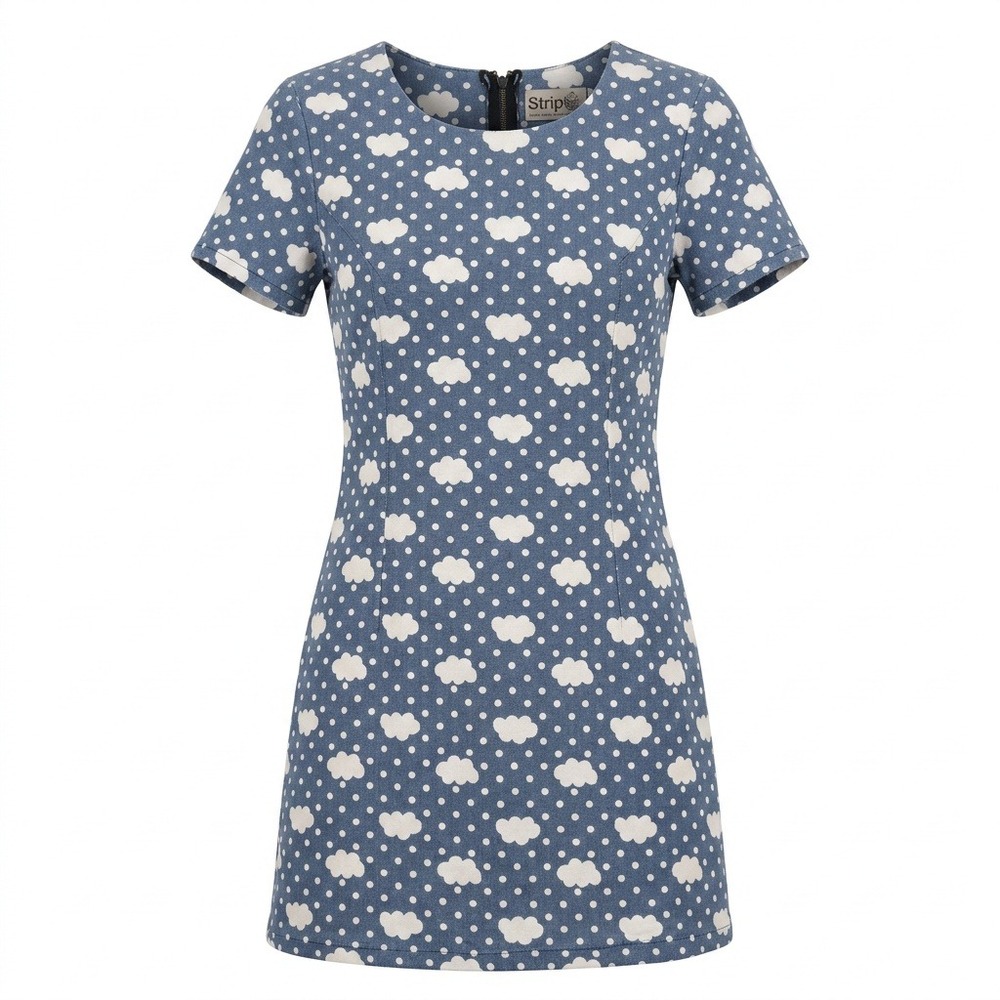 Striptap Blue Cloud Polka Dot Mini Dress Short Sleeve Zip Back Size L